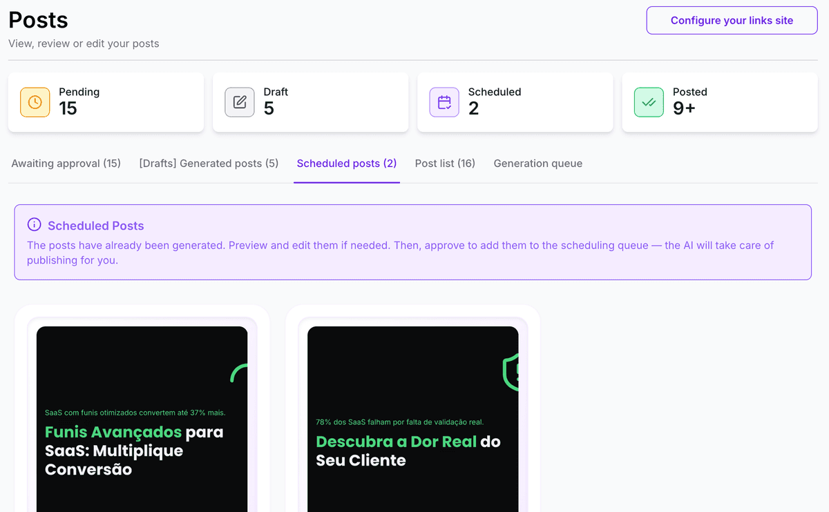 Editor visual do Contents Pilot para revisar e ajustar posts gerados pela IA
